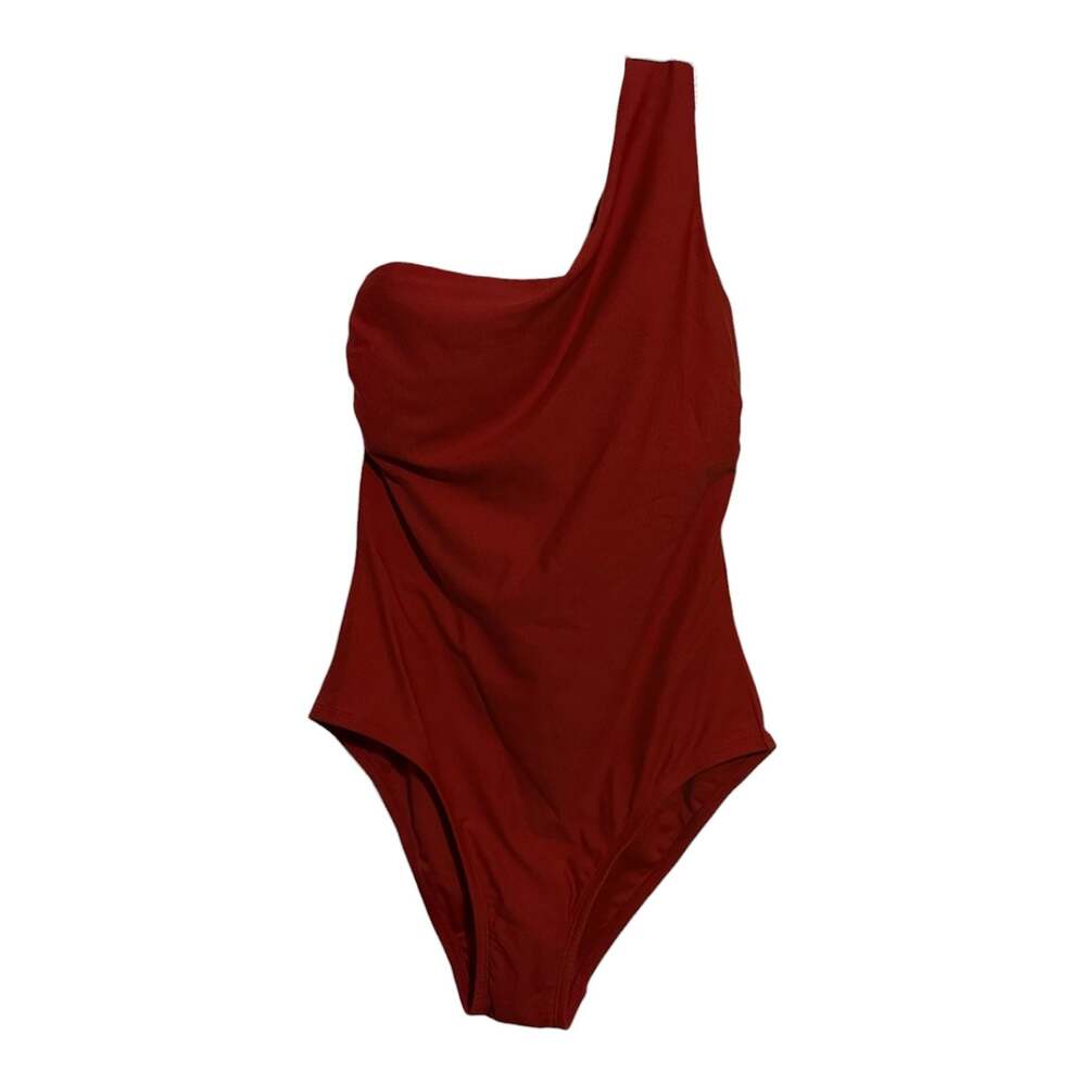 Size Medium Kona Sol Burnt Orange One-Shoulder Ruched Asymmetric Swimsuit